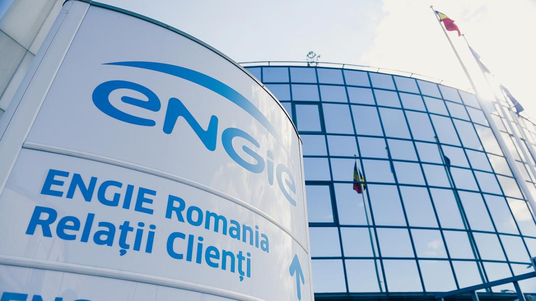 Логотип Engie на фоне офиса в Бухаресте — центр глобальных бизнес-услуг
